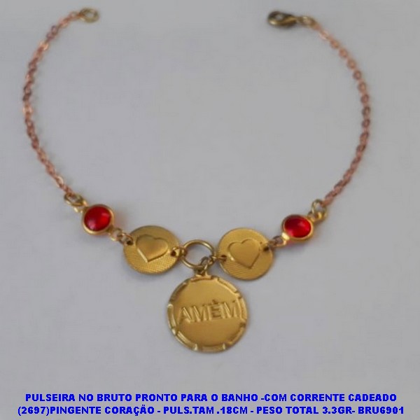 PULSEIRA NO BRUTO PRONTO PARA O BANHO -COM CORRENTE CADEADO (2697)PINGENTE CORAÇÃO - PULS.TAM .18CM - PESO TOTAL 3.3GR- BRU6901