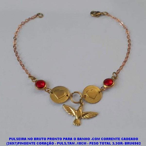 PULSEIRA NO BRUTO PRONTO PARA O BANHO -COM CORRENTE CADEADO (2697)PINGENTE CORAÇÃO - PULS.TAM .18CM - PESO TOTAL 3.3GR- BRU6902