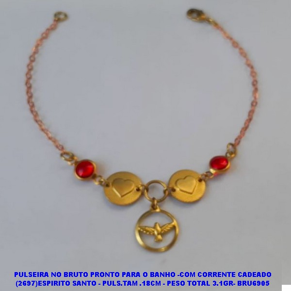 PULSEIRA NO BRUTO PRONTO PARA O BANHO -COM CORRENTE CADEADO (2697)ESPIRITO SANTO - PULS.TAM .18CM - PESO TOTAL 3.1GR- BRU6905