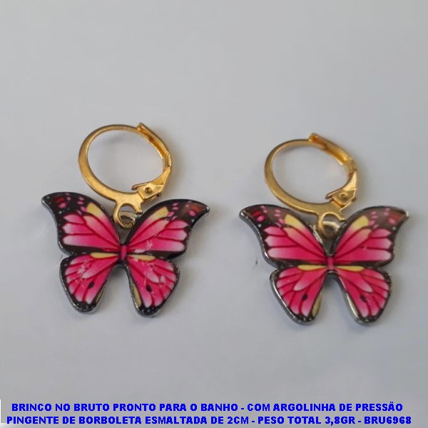 BRINCO NO BRUTO PRONTO PARA O BANHO - COM ARGOLINHA DE PRESSÃO  PINGENTE DE BORBOLETA ESMALTADA DE 2CM - PESO TOTAL 3,8GR - BRU6968