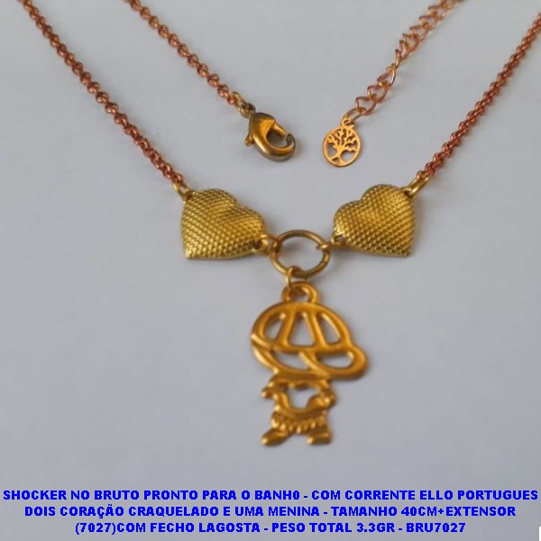SHOCKER NO BRUTO PRONTO PARA O BANH0 - COM CORRENTE ELLO PORTUGUES DOIS CORAÇÃO CRAQUELADO E UM MENINO - TAMANHO 40CM+EXTENSOR (7027)COM FECHO LAGOSTA - PESO TOTAL 3.3GR - BRU7027