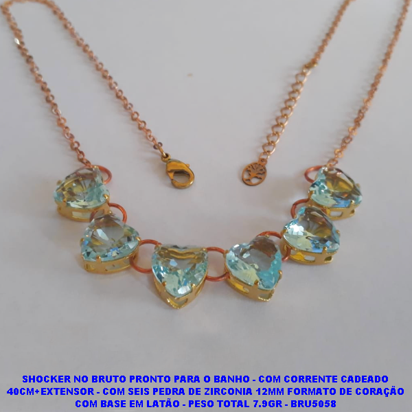 SHOCKER NO BRUTO PRONTO PARA O BANHO - COM CORRENTE CADEADO 40CM+EXTENSOR - COM SEIS PEDRA DE ZIRCONIA 10MM FORMATO DE CORAÇÃO COM BASE EM LATÃO - PESO TOTAL 7.9GR - BRU5058