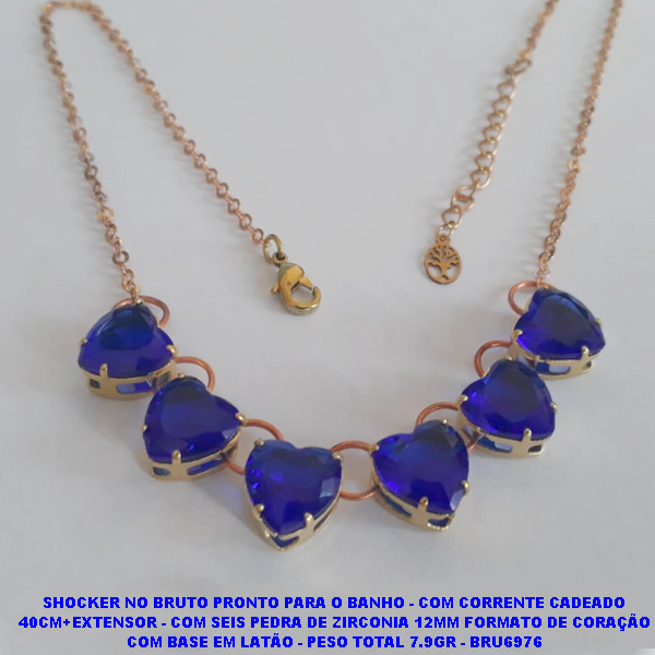 SHOCKER NO BRUTO PRONTO PARA O BANHO - COM CORRENTE CADEADO 40CM+EXTENSOR - COM SEIS PEDRA DE ZIRCONIA 10MM FORMATO DE CORAÇÃO COM BASE EM LATÃO - PESO TOTAL 7.9GR - BRU6976