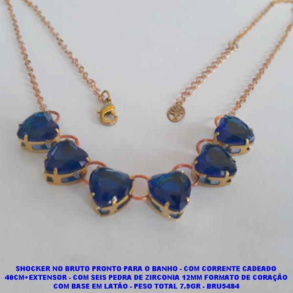 SHOCKER NO BRUTO PRONTO PARA O BANHO - COM CORRENTE CADEADO 40CM+EXTENSOR - COM SEIS PEDRA DE ZIRCONIA 10MM FORMATO DE CORAÇÃO COM BASE EM LATÃO - PESO TOTAL 7.9GR - BRU5484
