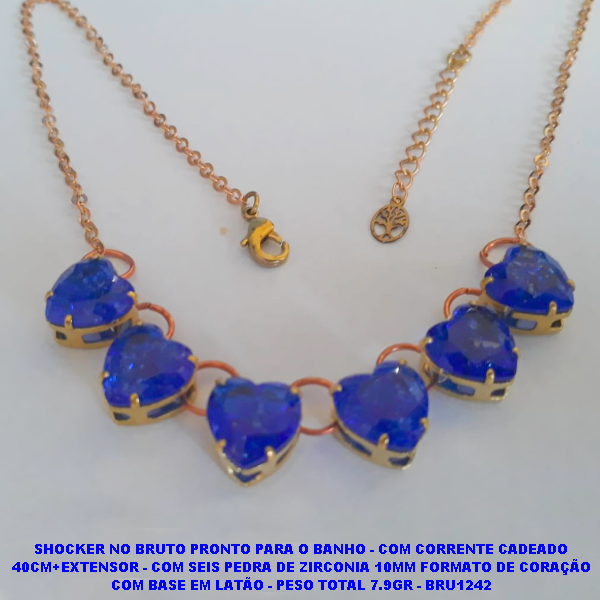 SHOCKER NO BRUTO PRONTO PARA O BANHO - COM CORRENTE CADEADO 40CM+EXTENSOR - COM SEIS PEDRA DE ZIRCONIA 10X10MM FORMATO DE CORAÇÃO COM BASE EM LATÃO - PESO TOTAL 7.9GR - BRU1242