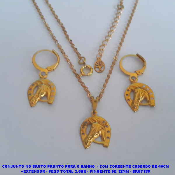 CONJUNTO NO BRUTO PRONTO PARA O BANHO  - COM CORRENTE CADEADO DE 40CM +EXTENSOR - PESO TOTAL 3.6GR - PINGENTE DE 12MM - BRU7180