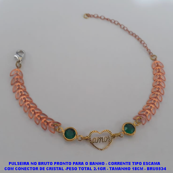 PULSEIRA NO BRUTO PRONTO PARA O BANHO(CX105) - CORRENTE TIPO ESCAMA  COM CONECTOR DE CRISTAL -PESO TOTAL 2.1GR - TAMANHO 18CM - BRU5534