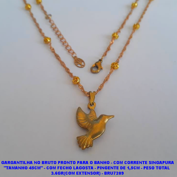 GARGANTILHA NO BRUTO PRONTO PARA O BANHO - COM CORRENTE SINGAPURA "TAMANHO 45CM" - COM FECHO LAGOSTA - PINGENTE DE 1,5CM - PESO TOTAL  3.6GR(COM EXTENSOR) - BRU7209