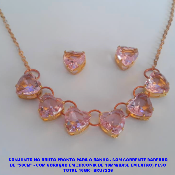 CONJUNTO NO BRUTO PRONTO PARA O BANHO - COM CORRENTE DADEADO DE "50CM" - COM CORAÇAO EM ZIRCONIA DE 10MM(BASE EM LATÃO) PESO TOTAL 10GR - BRU7226