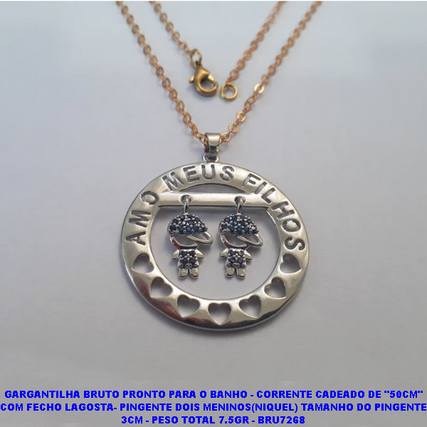 GARGANTILHA NO BRUTO PRONTO PARA O BANHO - COM CORRENTE CADEADO DE "50CM" COM FECHO LAGOSTA- PINGENTE COM DOIS MENINOS(NIQUEL) TAMANHO DO PINGENTE 3CM - PESO TOTAL 7.5GR - BRU7268