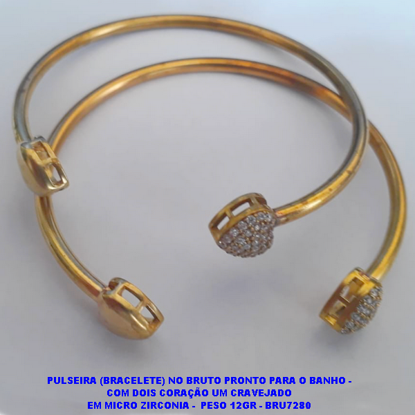 PULSEIRA (BRACELETE) NO BRUTO PRONTO PARA O BANHO -COM DOIS CORAÇÃO UM CRAVEJADO EM MICRO ZIRCONIA -  PESO 12GR - BRU7280