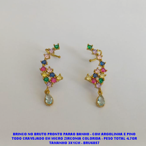 BRINCO NO BRUTO PRONTO PARAO BANHO - COM ARGOLINHA E PINO TODO CRAVEJADO EM MICRO ZIRCONIA COLORIDA - PESO TOTAL 4.7GR TAMANHO 3X1CM - BRU6857