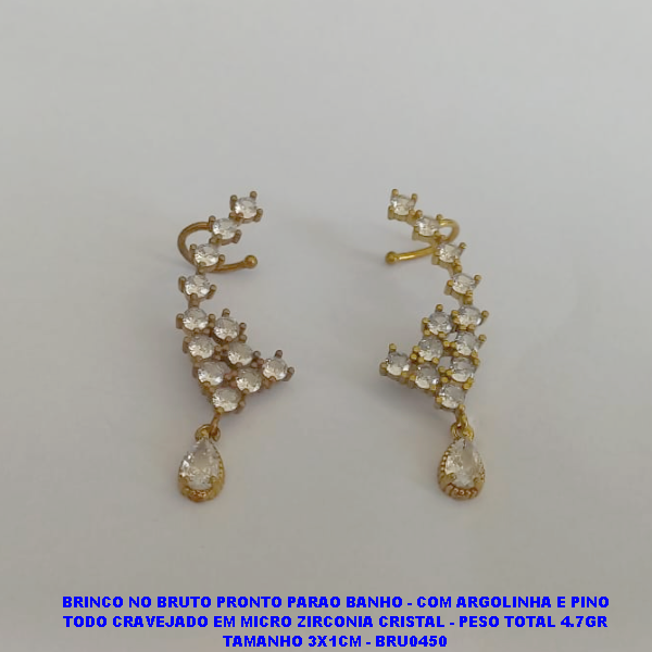 BRINCO NO BRUTO PRONTO PARAO BANHO - COM ARGOLINHA E PINO TODO CRAVEJADO EM MICRO ZIRCONIA CRISTAL - PESO TOTAL 4.7GR TAMANHO 3X1CM - BRU0450