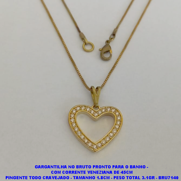 GARGANTILHA NO BRUTO PRONTO PARA O BANHO - COM CORRENTE VENEZIANA DE 45CM PINGENTE TODO CRAVEJADO - TAMANHO 1.8CM - PESO TOTAL 3.1GR - BRU7140
