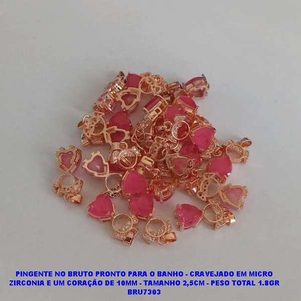PINGENTE NO BRUTO PRONTO PARA O BANHO (CX09)- CRAVEJADO EM MICRO ZIRCONIA E UM CORAÇÃO DE 10MM - TAMANHO 2,5CM - PESO TOTAL 1.8GR BRU7303
