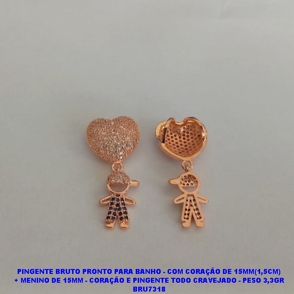 PINGENTE BRUTO PRONTO PARA BANHO (CX14) - COM CORAÇÃO DE 15MM(1,5CM) + MENINO DE 15MM - CORAÇÃO E PINGENTE TODO CRAVEJADO - PESO 3,3GR BRU7318