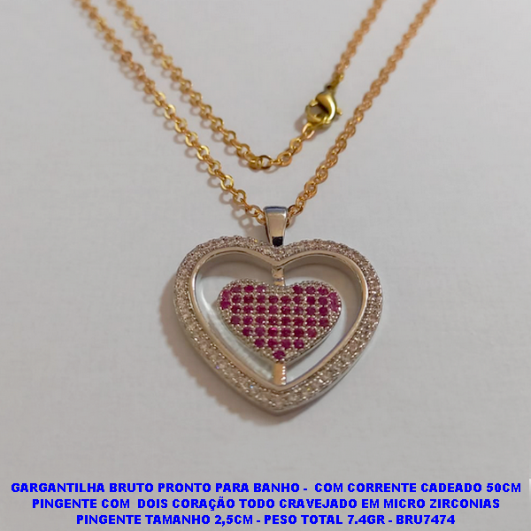 GARGANTILHA NO BRUTO PRONTO PARA O BANHO -  COM CORRENTE CADEADO 50CM PINGENTE COM  DOIS CORAÇÃO TODO CRAVEJADO EM MICRO ZIRCONIAS PINGENTE TAMANHO 2,5CM - PESO TOTAL 7.4GR - BRU7474