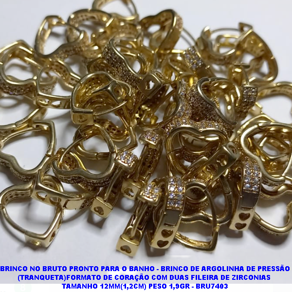 BRINCO NO BRUTO PRONTO PARA O BANHO - BRINCO DE ARGOLINHA DE PRESSÃO (TRANQUETA)FORMATO DE CORAÇÃO COM DUAS FILEIRA DE ZIRCONIAS  TAMANHO 12MM(1,2CM) PESO 1,9GR - BRU7403
