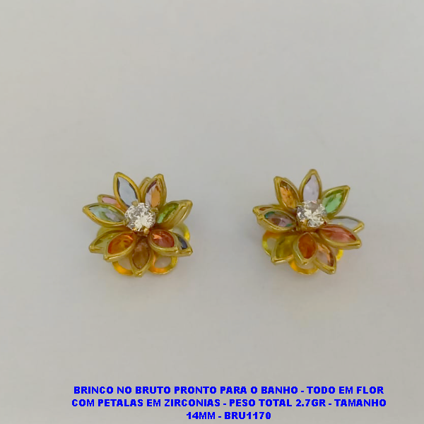 BRINCO NO BRUTO PRONTO PARA O BANHO - TODO EM FLOR COM PETALAS EM ZIRCONIAS - PESO TOTAL 2.7GR - TAMANHO 14MM - BRU1170