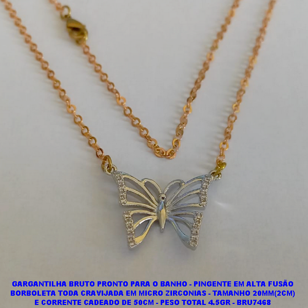 GARGANTILHA BRUTO PRONTO PARA O BANHO(CX71) - PINGENTE EM ALTA FUSÃO BORBOLETA TODA CRAVIJADA EM MICRO ZIRCONIAS - TAMANHO 20MM(2CM) E CORRENTE CADEADO DE 50CM - PESO TOTAL 4.5GR - BRU7468