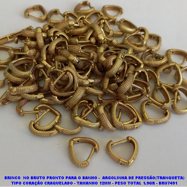 BRINCO NO BRUTO PRONTO PARA O BANHO(CX75) - ARGOLINHA DE PRESSÃO(TRANQUETA) TIPO CORAÇÃO CRAQUELADO - TAMANHO 12MM - PESO TOTAL 1.9GR - BRU7491