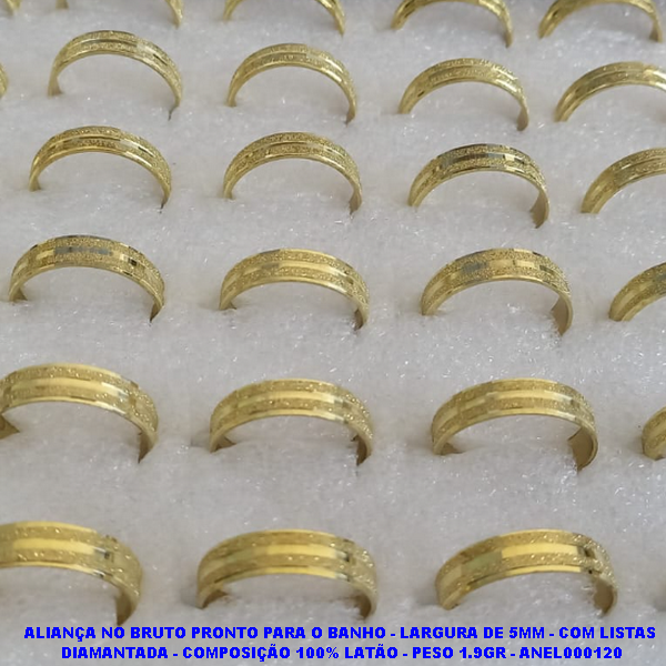 ALIANÇA NO BRUTO PRONTO PARA O BANHO - LARGURA DE 5MM - COM LISTAS  DIAMANTADA - COMPOSIÇÃO 100% LATÃO - PESO 1.9GR - ANEL000120