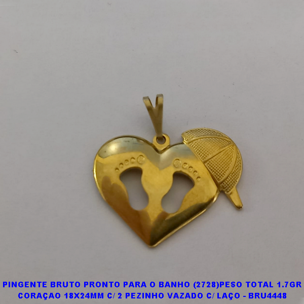 PINGENTE BRUTO PRONTO PARA O BANHO - (2728)PESO TOTAL 1.7GR CORAÇAO 18X24MM C/ 2 PEZINHO VAZADO C/ LAÇO - BRU4448
