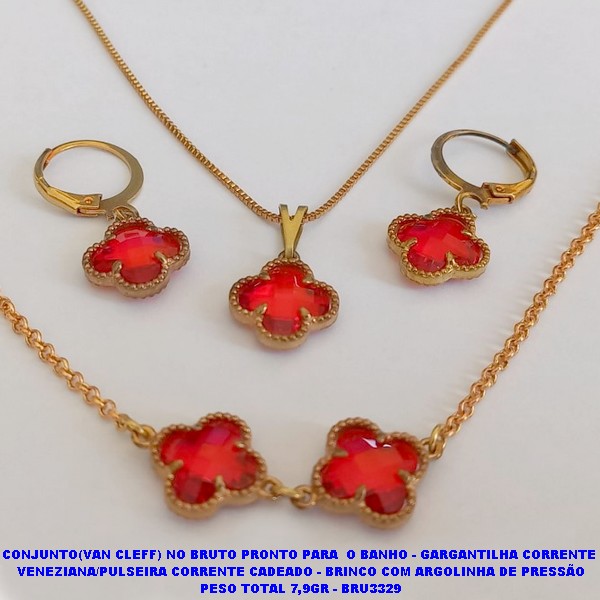 CONJUNTO(VAN CLEFF) NO BRUTO PRONTO PARA  O BANHO - GARGANTILHA CORRENTE  VENEZIANA/PULSEIRA CORRENTE CADEADO - BRINCO COM ARGOLINHA DE PRESSÃO PESO TOTAL 7,9GR - BRU3329