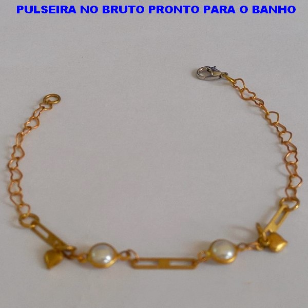 PULSEIRA NO BRUTO PRONTO PARA O BANHO - TAMANHO 18CM - COM CONECTOR EM PEROLA E CORRENTE DE CORAÇÃO - PESO TOTAL  2GR - BRU0269
