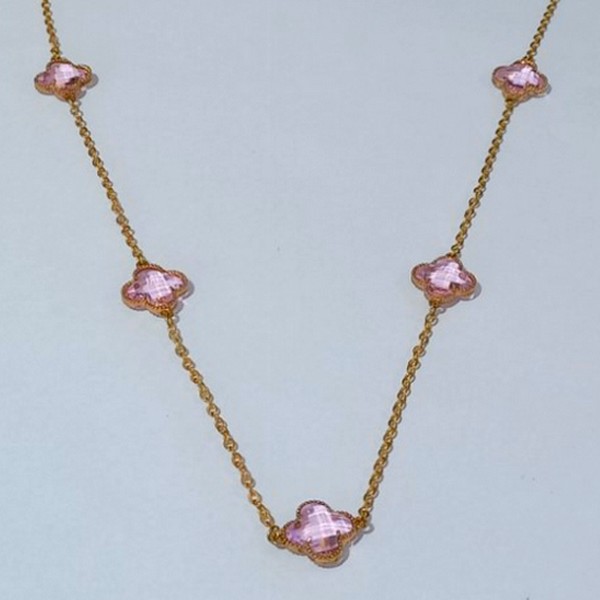 GARGANTILHA NO BRUTO PRONTO PARA O BANHO (VAN CLEEF)-COM CORRENTE CADEADO COLAR DE 60CM(COR ROSA) - COM CINCO TREVO    - PESO TOTAL 9,8GR - TREVO 70% LATÃO E 30% VIDRO - BRU7534A