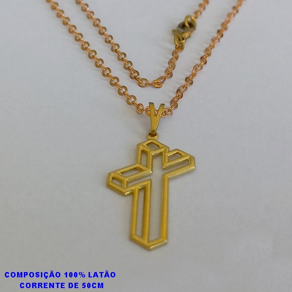 GARGANTILHA NO BRUTO PRONTO PARA O BANHO - CORRENTE CADEADO (02) PINGENTE CRUZ VAZADA 3D 25MM -FECHO LAGOSTA  PESO TOTAL 3GR - BRU2389