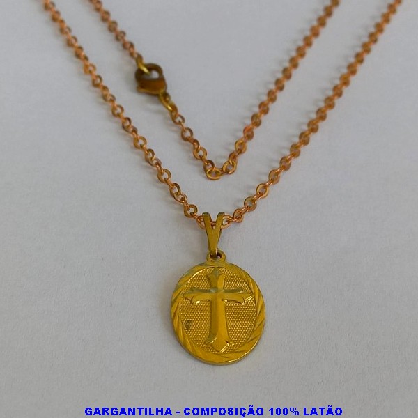 GARGANTILHA NO BRUTO PRONTO PARA O BANHO(CX115) -COM CORRENTE CADEADO DE 50CM -(  OVAL CRUZ BORDA DIAMANTADA 18MM - PESO TOTAL 3,7GR(4356) BRU4356F