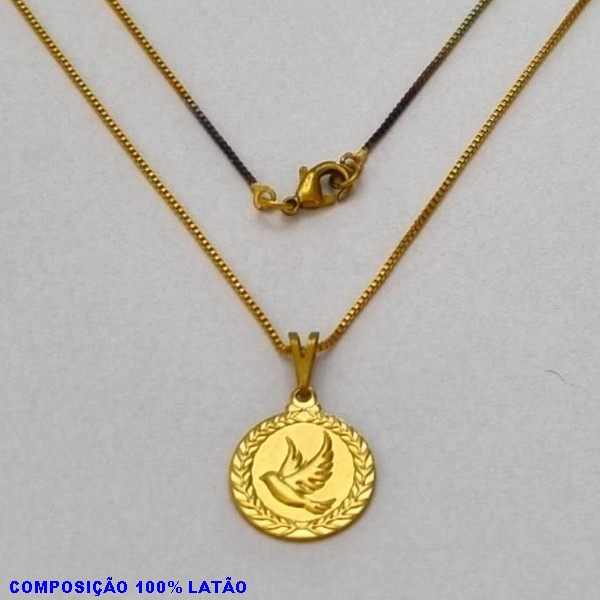 GARGANTILHA NO BRUTO PRONTO PARA O BANHO - (4996) - GARGANTILHA COM CORRENTE VENEZIANA E PINGENTE REDONDO 15MM C/ ESPÍRITO SANTO BORDA RAMO DE OLIVEIRA- TAMANHO 45,0CM- FECHO LAGOSTA - PESO 2,9GR - BRU10025A