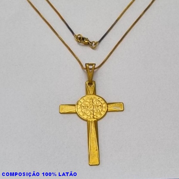 GARGANTILHA NO BRUTO PRONTO PARA O BANHO - (817) - GARGANTILHA COM CORRENTE VENEZIANA E PINGENTE CRUZ PONTAS RETICULADAS  C/ CRUZ DE SÃO BENTO 50MM - TAMANHO 45,0CM- FECHO LAGOSTA - PESO 4,7GR BRU10062A