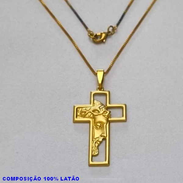 GARGANTILHA NO BRUTO PRONTO PARA O BANHO - (607) - GARGANTILHA COM CORRENTE VENEZIANA E PINGENTE CRUZ VAZADA C/ FACE DE CRISTO 35X22MM - TAMANHO 45,0CM- FECHO LAGOSTA - PESO 4,0GR BRU10077A