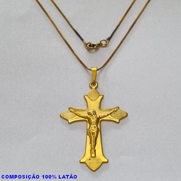 GARGANTILHA NO BRUTO PRONTO PARA O BANHO - (605) - GARGANTILHA COM CORRENTE VENEZIANA E PINGENTE CRUZ C/ CRISTO LISA DET PONTAS 40MM - TAMANHO 45,0CM- FECHO LAGOSTA - PESO 3,2GR BRU10079A