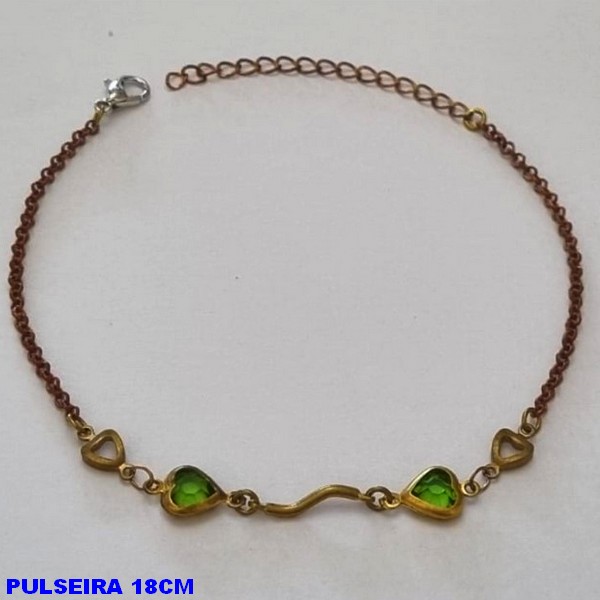 PULSEIRA NO BRUTO PRONTO PARA O BANHO(CX106) -  PULSEIRA FEMININA COM CORAÇÕES DE PEDRA CRISTAL VERDE - TAMANHO 18CM + EXTENSOR - PESO 2,1GR  E FECHO LAGOSTA - BRU10091A