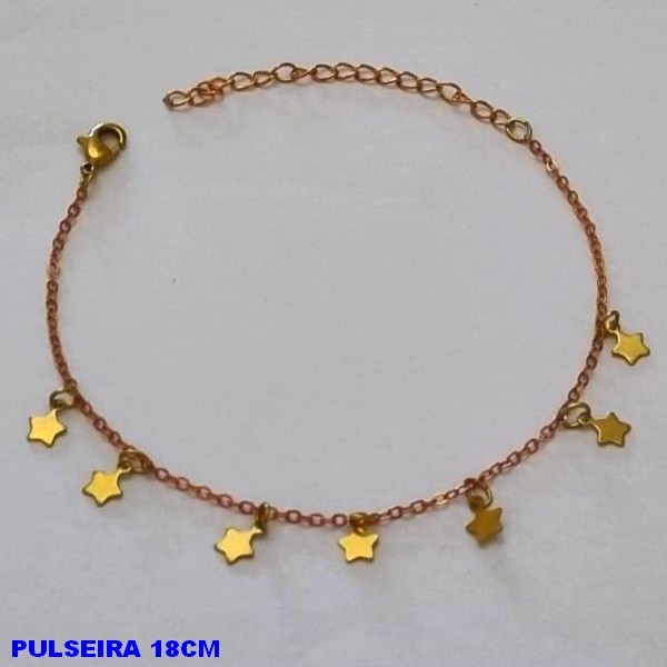 PULSEIRA NO BRUTO PRONTO PARA O BANHO -  PULSEIRA FEMININA COM PINGENTES DE ESTRELA - TAMANHO 18CM + EXTENSOR - PESO 1,5GR  E FECHO LAGOSTA - BRU10094A