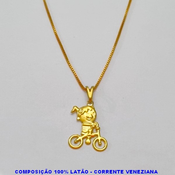 GARGANTILHA NO BRUTO PRONTO PARA O BANHO - (V3676) - GARGANTILHA COM CORRENTE VENEZIANA E PINGENTE MENINA DE BICICLETA 17MM TAMANHO 45,0CM- FECHO LAGOSTA - PESO 1,8GR BRU100256A