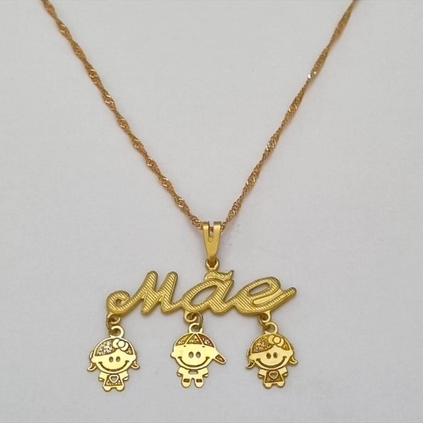 GARGANTILHA NO BRUTO PRONTO PARA O BANHO (652) COM CORRENTE SINGAPURA "45CM " - FECHO LAGOSTA - COM CANGA "MAE" 10X39MM - DUAS MENINAS E UM MENINO  DE 13MM -BRU100270A