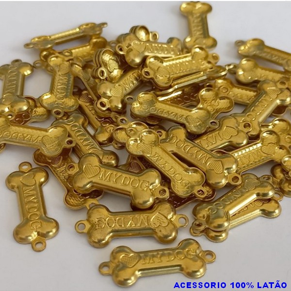 ACESSÓRIO BRUTO PRONTO PARA BANHO - VENDIDA POR UNIDADE COMPOSIÇÃO LATÃO (2560) OSSO 18MM MY DOG C/ 2 CABEÇAS NO MEIO P/ PULSEIRA - PESO TOTAL 0,9GR - BRU000733