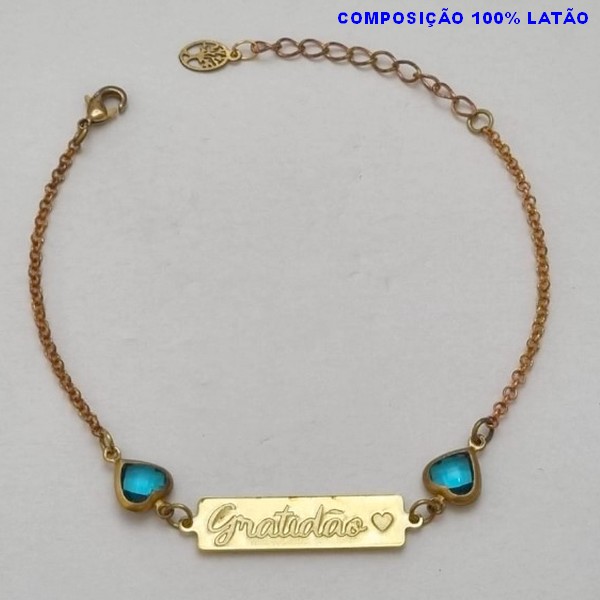 PULSEIRA NO BRUTO PRONTO PARA O BANHO(E2870) PLACA GRATIDÃO COM CORAÇÕES DE CRISTAL AZUL TAMANHO 16CM + EXTENSOR  - PESO 2,3GR  E FECHO LAGOSTA - BRU100323A