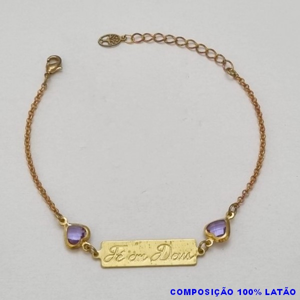 PULSEIRA NO BRUTO PRONTO PARA O BANHO(E2868) PLACA FÉ EM DEUS COM CORAÇÕES DE CRISTAL ROXA TAMANHO 16CM + EXTENSOR  - PESO 2,3GR  E FECHO LAGOSTA - BRU100324A