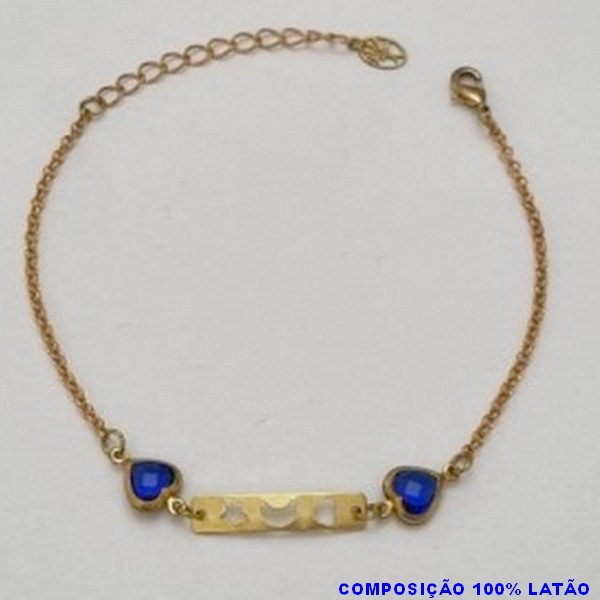 PULSEIRA NO BRUTO PRONTO PARA O BANHO(E2156) PLACA ESTRELA CORAÇÃO E LUA COM CORAÇÕES DE CRISTAL AZUL TAMANHO 16CM + EXTENSOR  - PESO 2,3GR  E FECHO LAGOSTA - BRU100325A