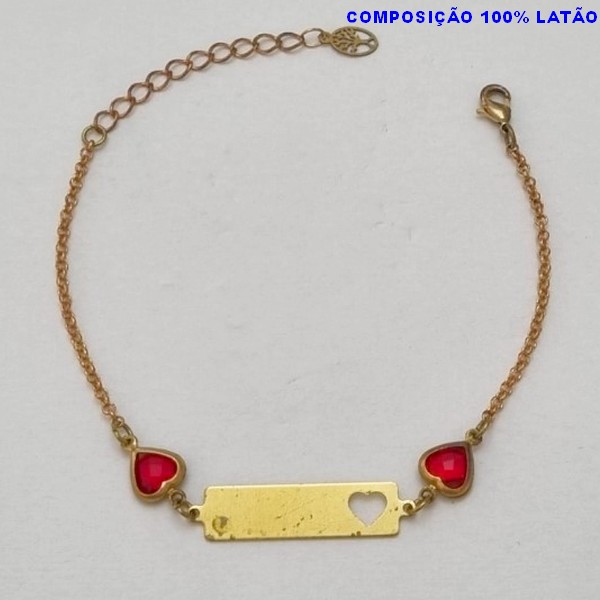 PULSEIRA NO BRUTO PRONTO PARA O BANHO(E2914) PLACA COM CORAÇÃO COM CORAÇÕES DE CRISTAL VERMELHA TAMANHO 16CM + EXTENSOR  - PESO 2,3GR  E FECHO LAGOSTA - BRU100326A