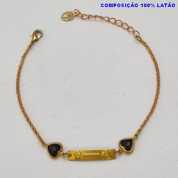 PULSEIRA NO BRUTO PRONTO PARA O BANHO(E2155) PLACA COM CORAÇÕES DE CRISTAL PRETO TAMANHO 16CM + EXTENSOR  - PESO 2,3GR  E FECHO LAGOSTA - BRU100327B