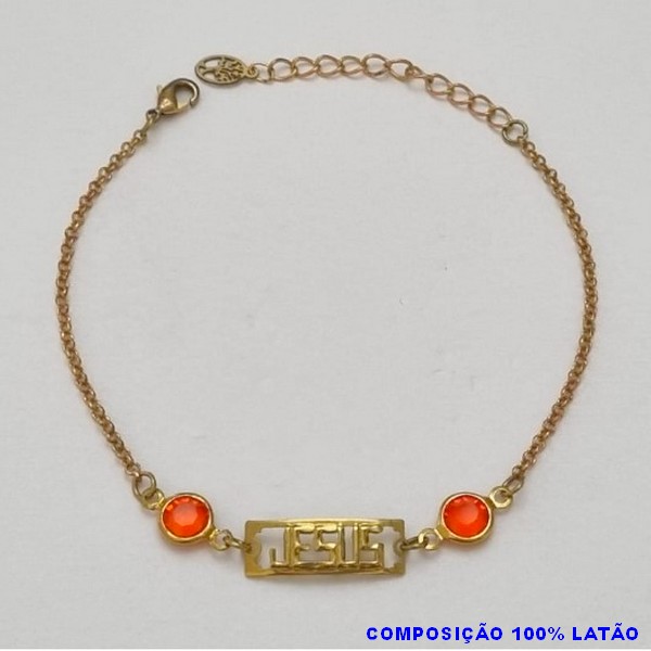 PULSEIRA NO BRUTO PRONTO PARA O BANHO(E161) PLACA JESUS COM PEDRA DE CRISTAL LARANJA TAMANHO 16CM + EXTENSOR  - PESO 2,0GR  E FECHO LAGOSTA - BRU100329A