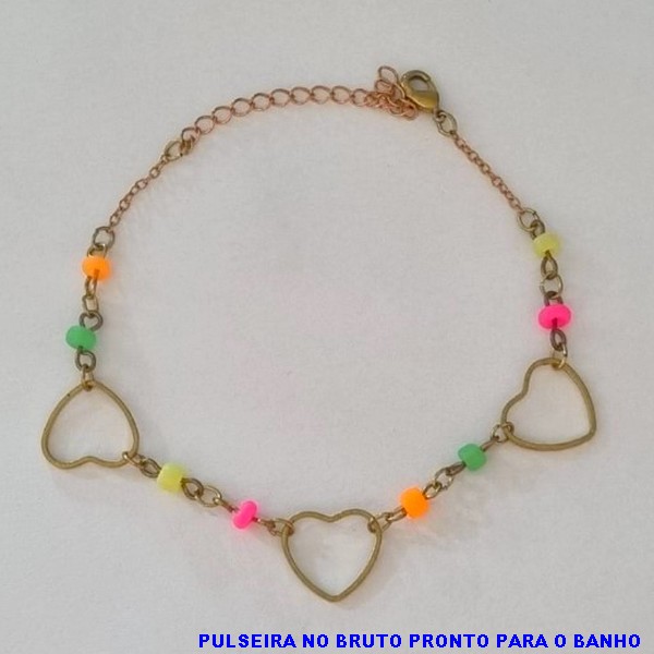 PULSEIRA NO BRUTO PRONTO PARA O BANHO -  PULSEIRA FEMININA BOLINHAS COLORIDAS E CORAÇÕES VAZADO  - TAMANHO 18CM + EXTENSOR - PESO 2,8GR  E FECHO LAGOSTA - BRU100373A