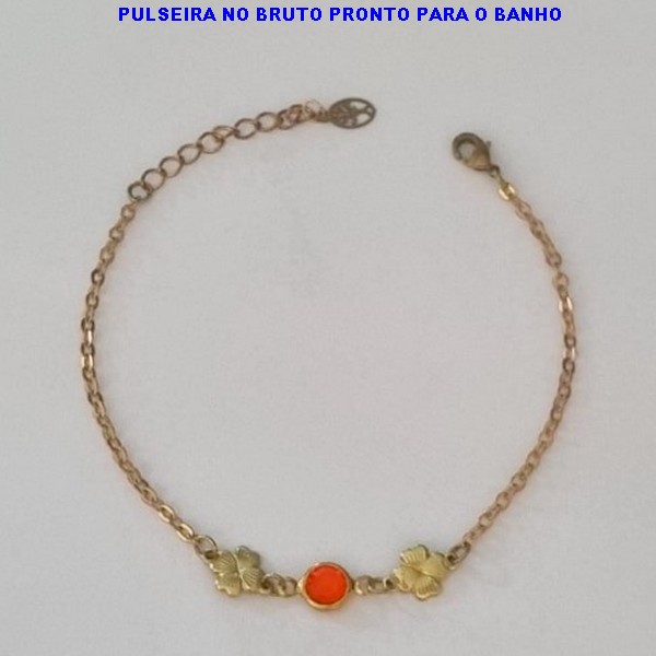 PULSEIRA NO BRUTO PRONTO PARA O BANHO(CX84) -  PULSEIRA FEMININA TREVO COM BOLINHA CRISTAL LARANJA - TAMANHO 18CM + EXTENSOR - PESO 1,8GR  E FECHO LAGOSTA - BRU100375A