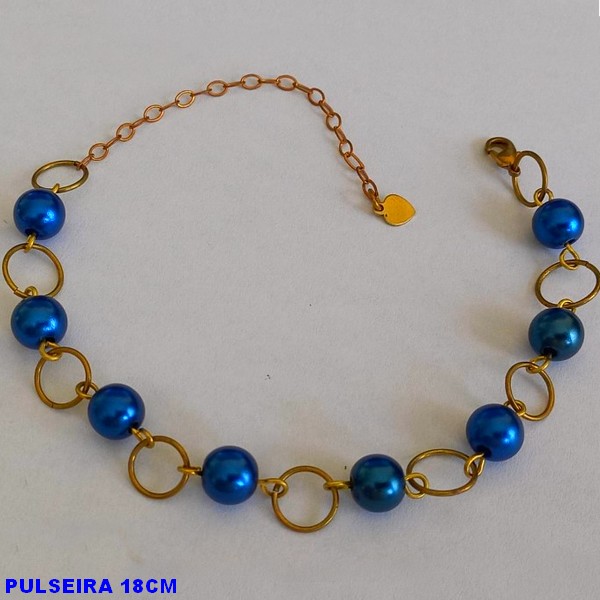 PULSEIRA NO BRUTO PRONTO PARA O BANHO(CX78) -  PULSEIRA FEMININA COM PÉROLAS AZUÍS - TAMANHO 18CM  - PESO 4,2GR  E FECHO LAGOSTA - BRU100407A